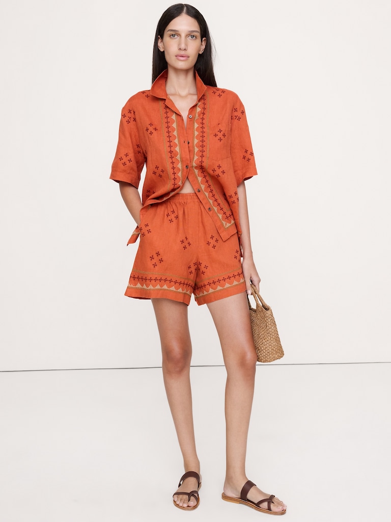 Embroidered Linen 4" Pull-On Short