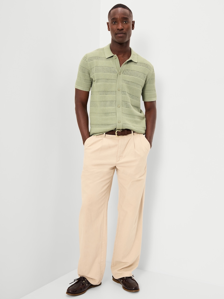 Short-Sleeve Open-Knit Sweater Shirt