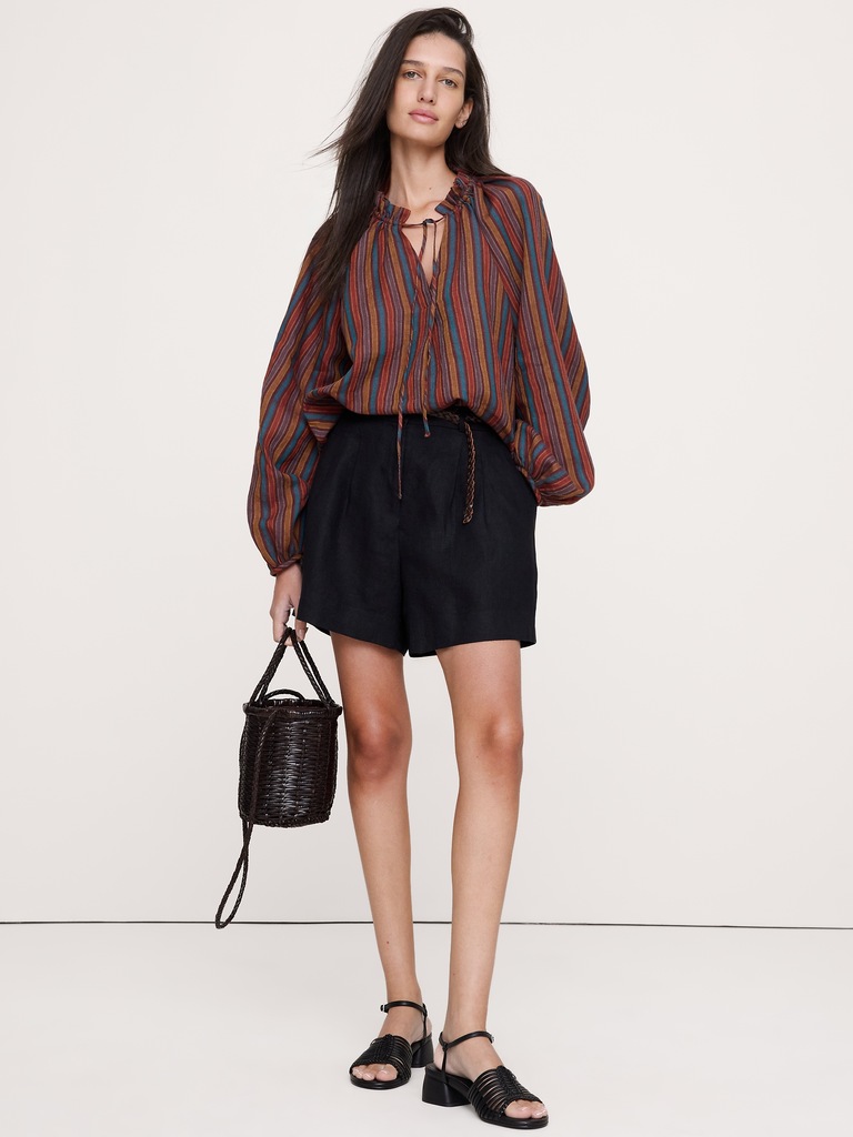 Linen Ruffle-Neck Top