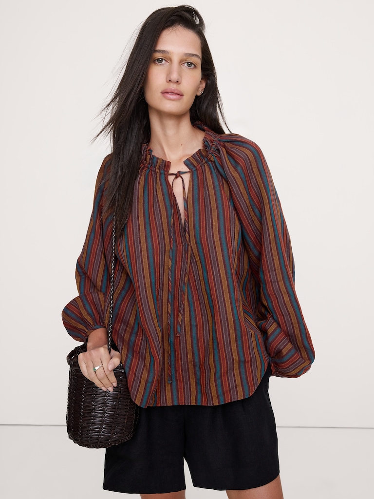 Linen Ruffle-Neck Top