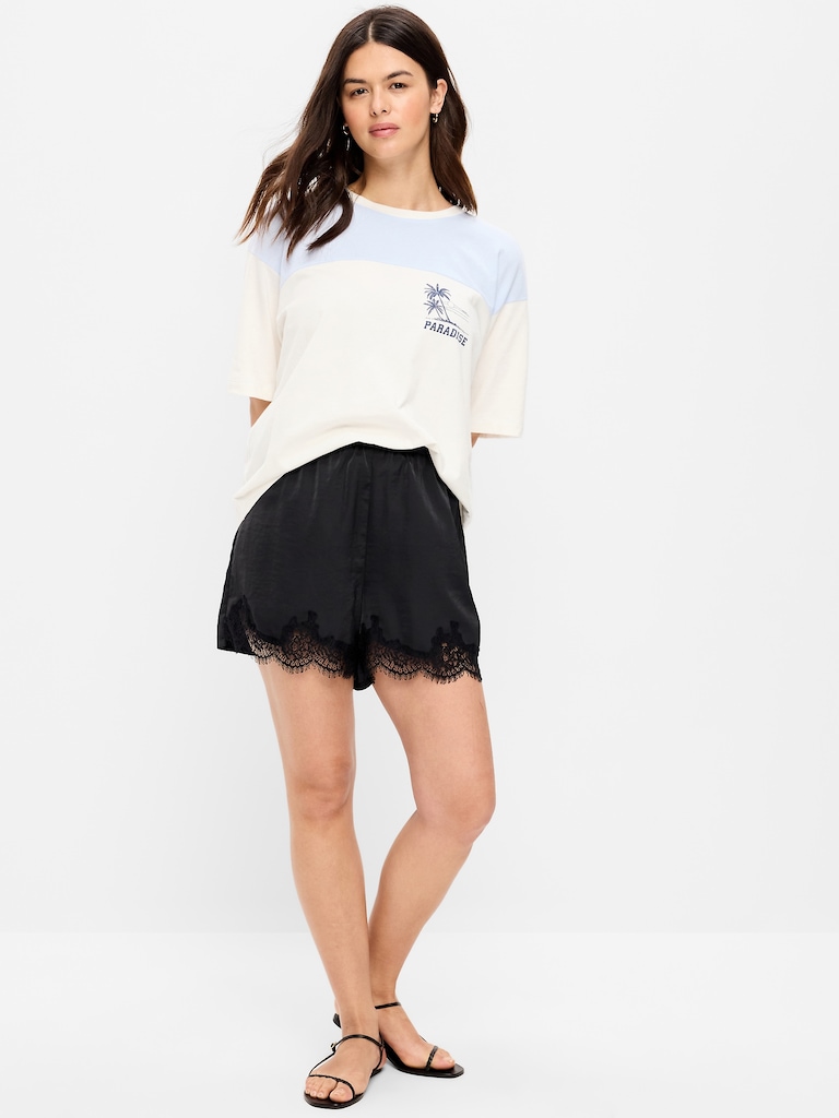 High-Waisted Lace-Trim Satin Shorts