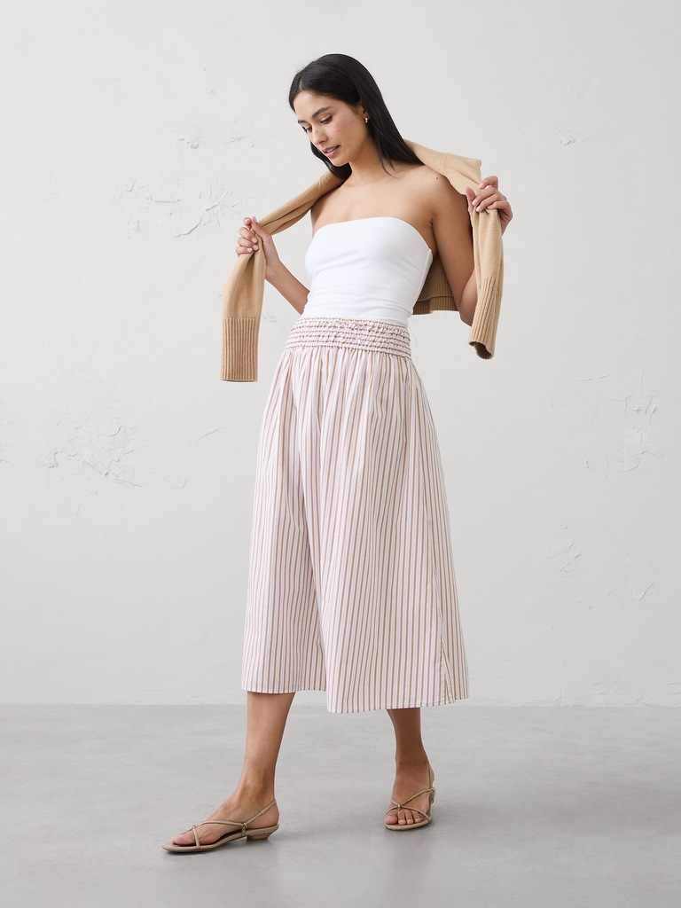 Poplin Smocked-Waist Midi Skirt