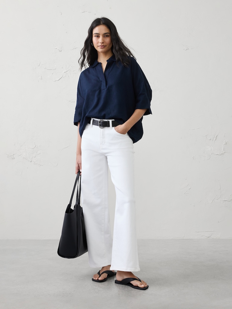 Linen-Blend Drapey Popover Shirt