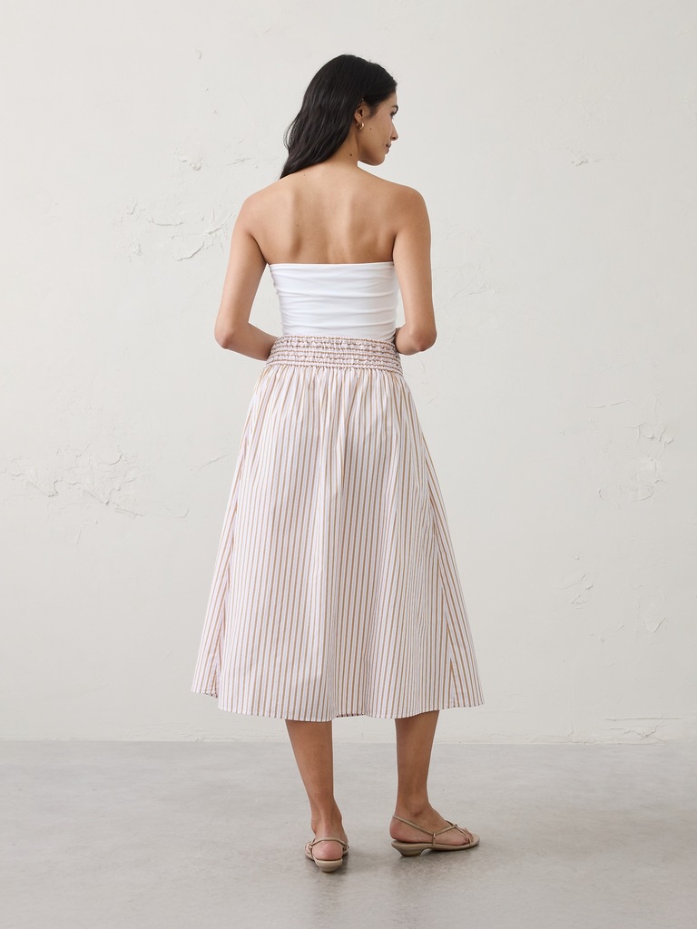 Poplin Smocked-Waist Midi Skirt