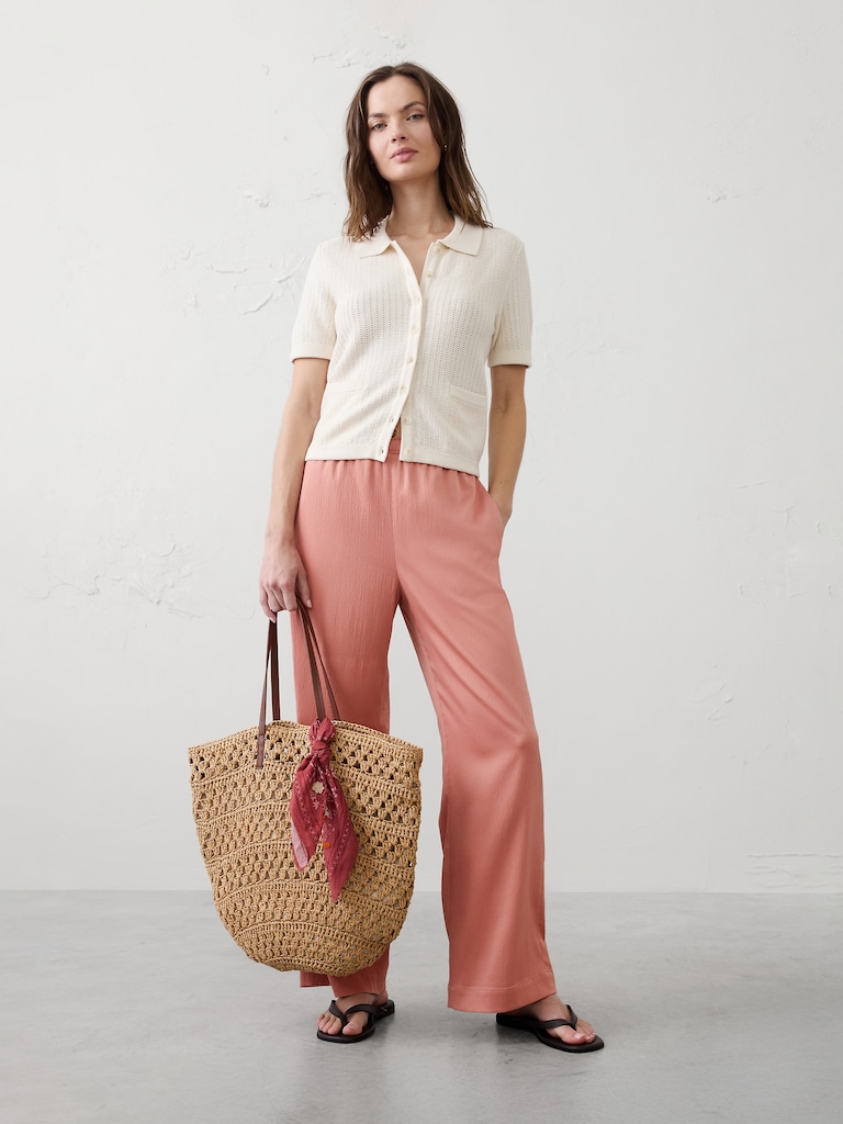 Wide-Leg High-Rise Crinkle Satin Pull-On Pant