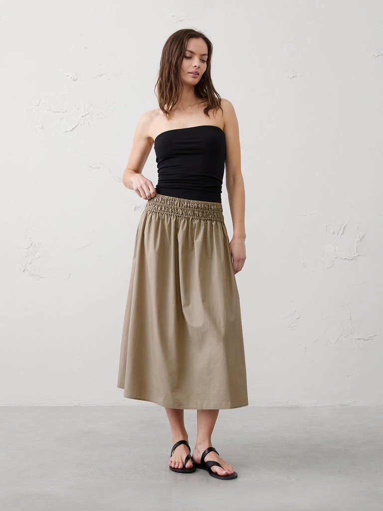 Poplin Smocked-Waist Midi Skirt