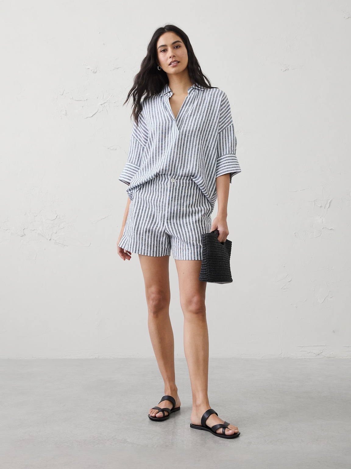 Linen-Blend Drapey Popover Shirt