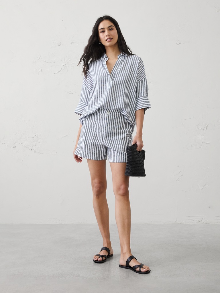 Linen-Blend Drapey Popover Shirt