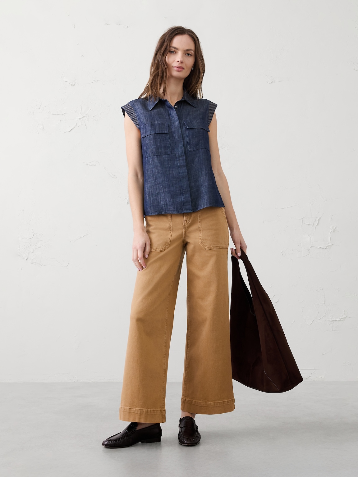 Denim Trapunto Cap-Sleeve Shirt