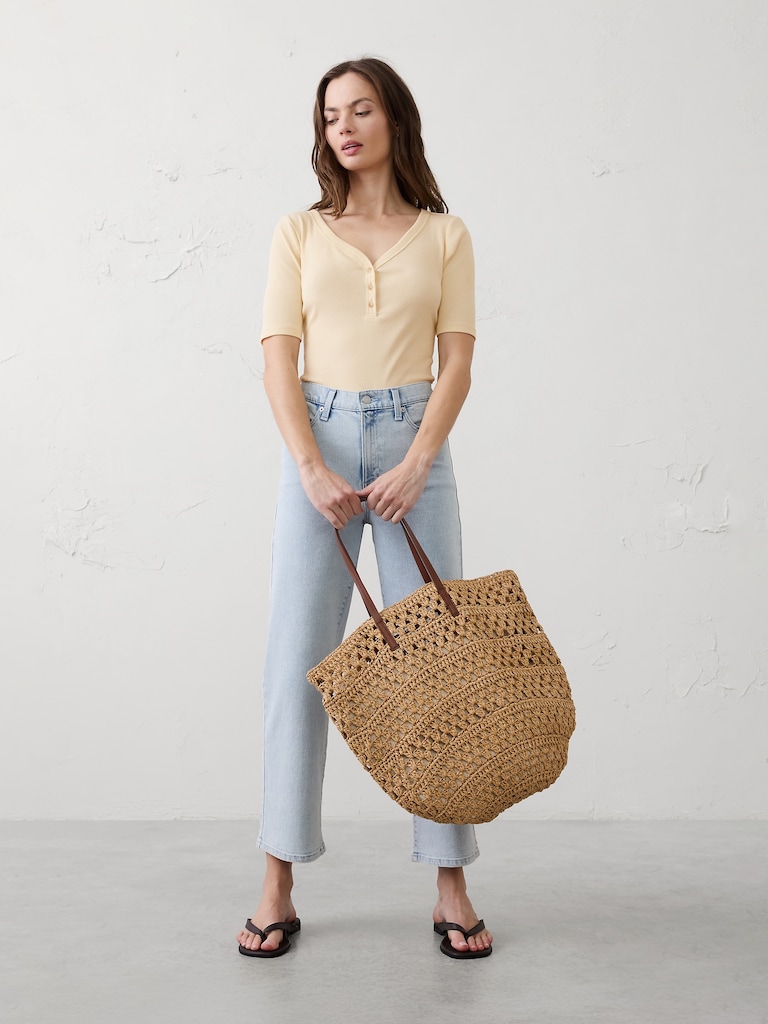 Ribbed Elbow-Sleeve Henley T-Shirt