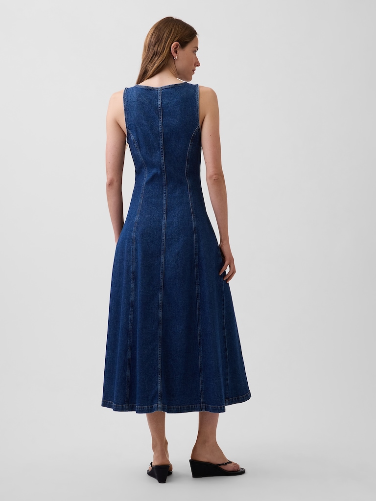 Denim Seamed Zip-Front Midi Dress