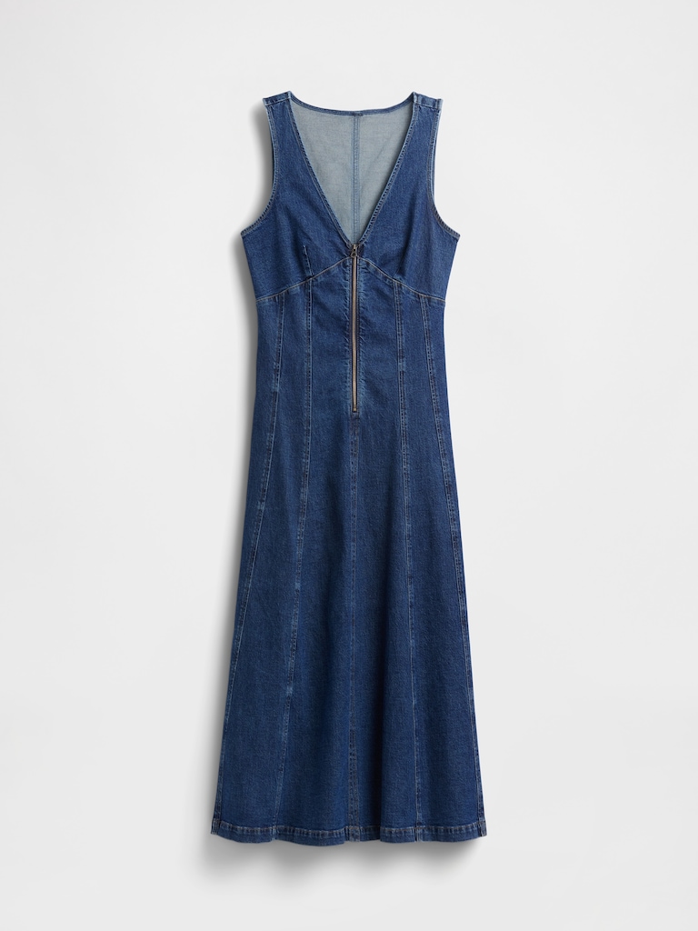 Denim Seamed Zip-Front Midi Dress