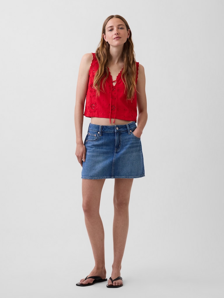 Linen-Blend Embroidered Crop Shell Tank Top