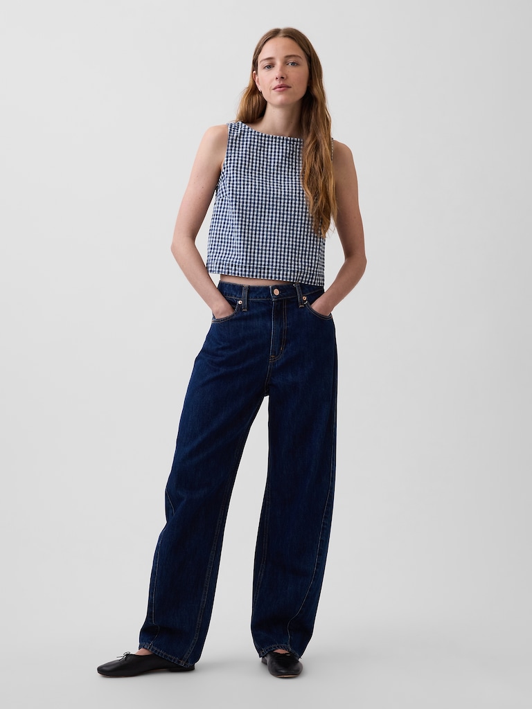 Gingham Denim Crop Shell Tank Top