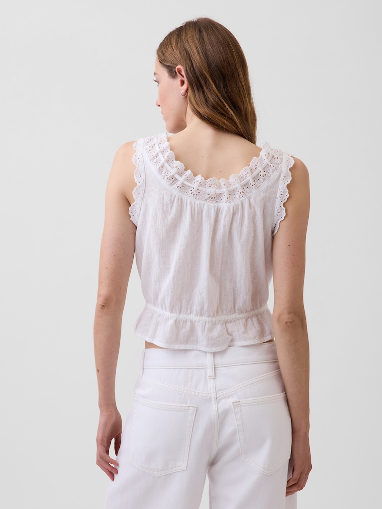 Eyelet Tie-Front Crop Peplum Top