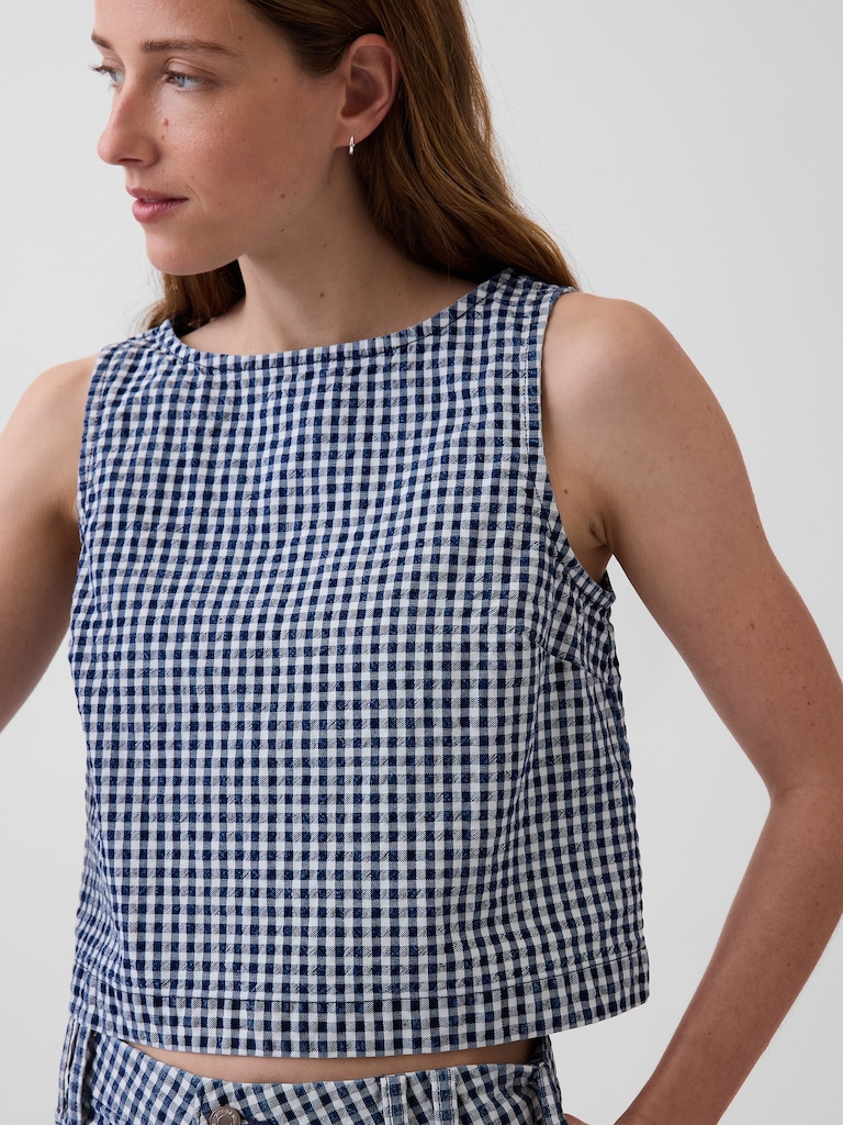 Gingham Denim Crop Shell Tank Top