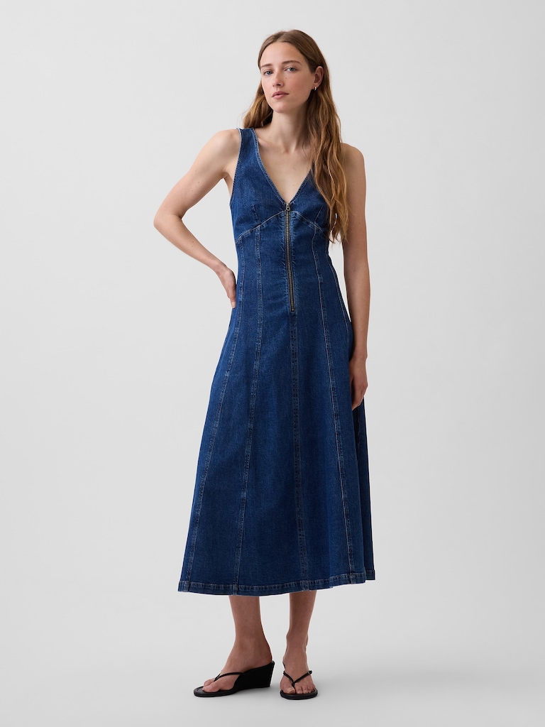 Denim Seamed Zip-Front Midi Dress