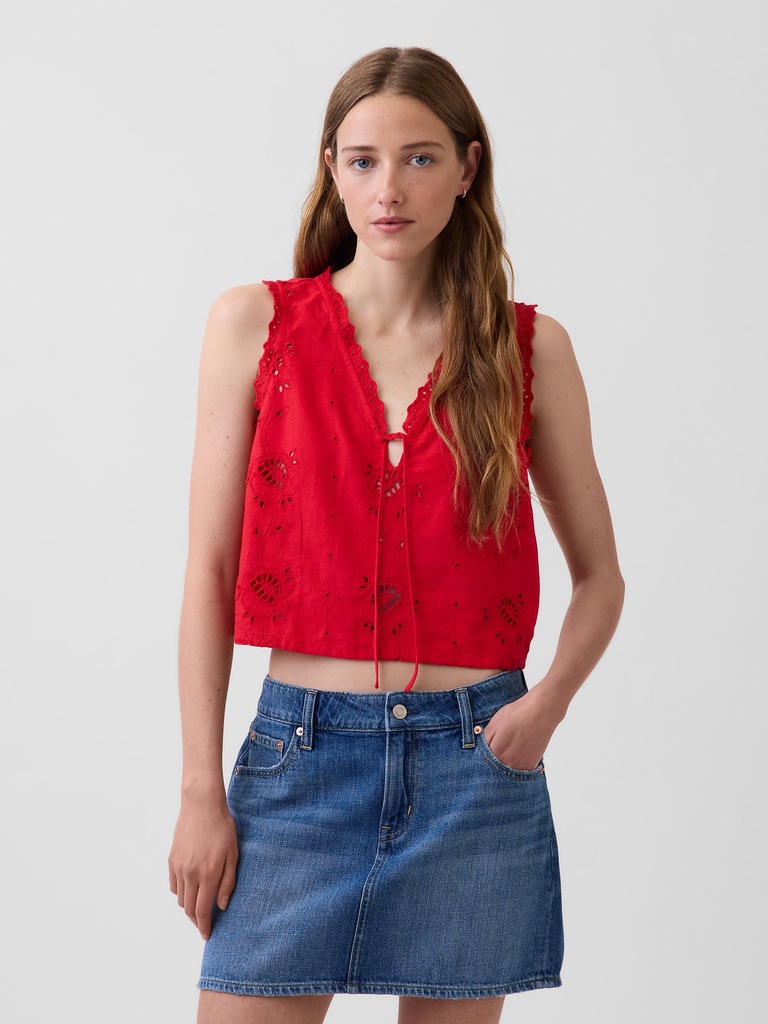 Linen-Blend Embroidered Crop Shell Tank Top