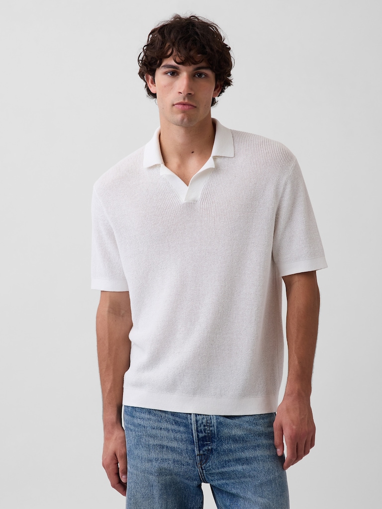 Linen-Blend Camp Polo Sweater Shirt