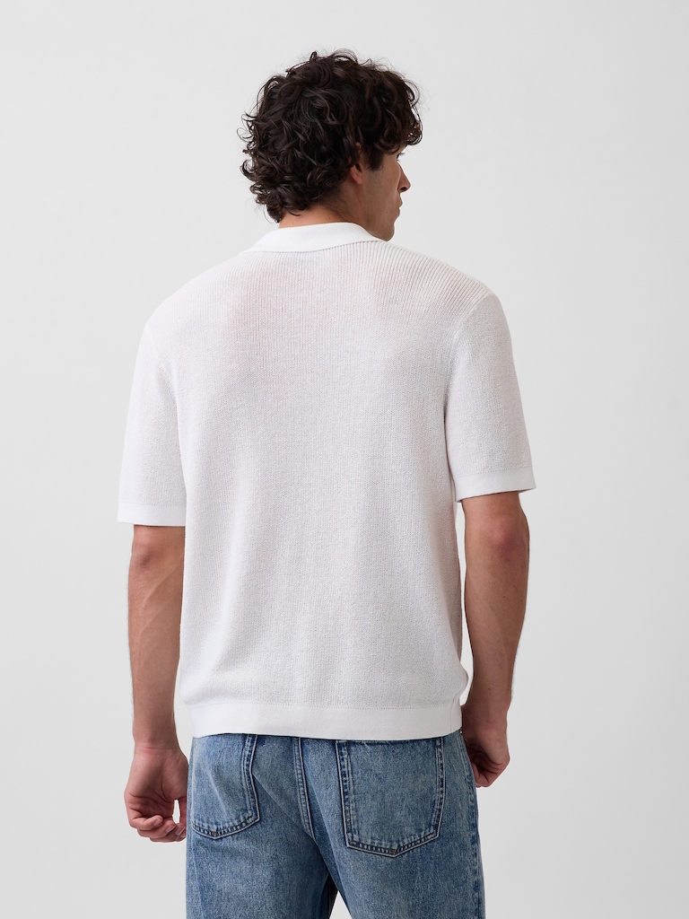 Linen-Blend Camp Polo Sweater Shirt