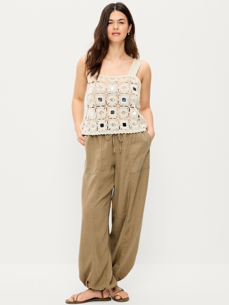 Mid-Rise Linen-Blend Cinched-Ankle Pants