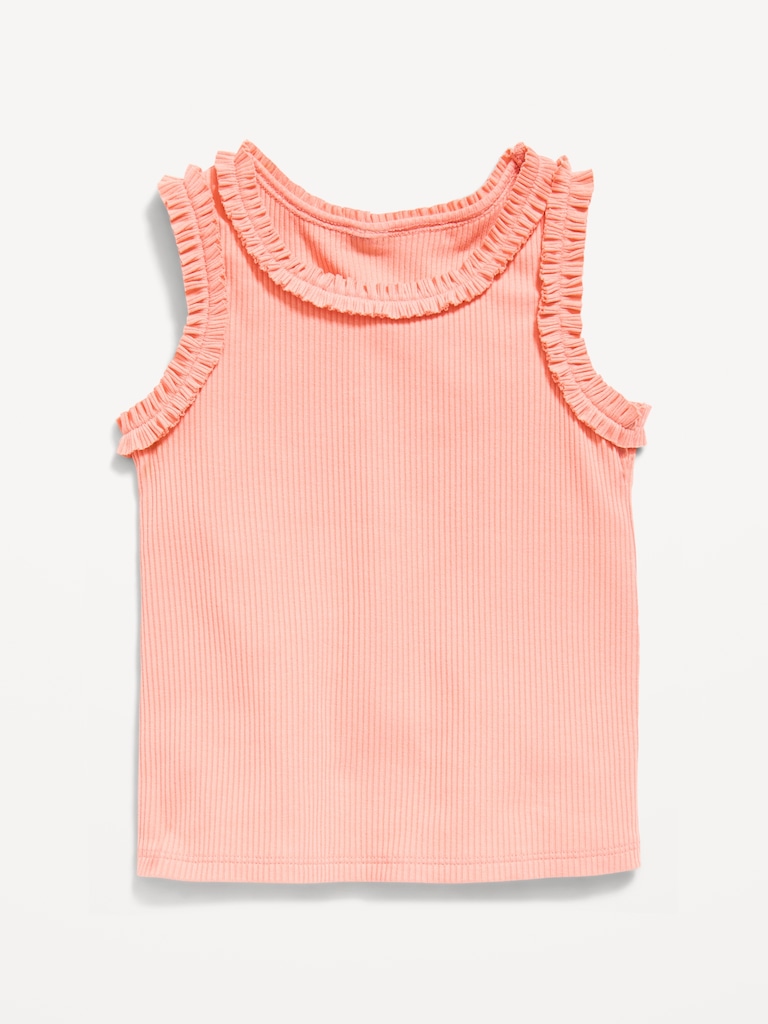 Printed Sleeveless Ruffle-Trim Ribbed Top for Toddler Girls