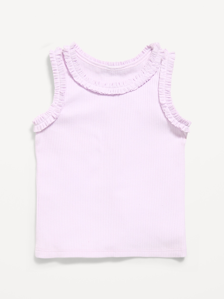 Printed Sleeveless Ruffle-Trim Ribbed Top for Toddler Girls