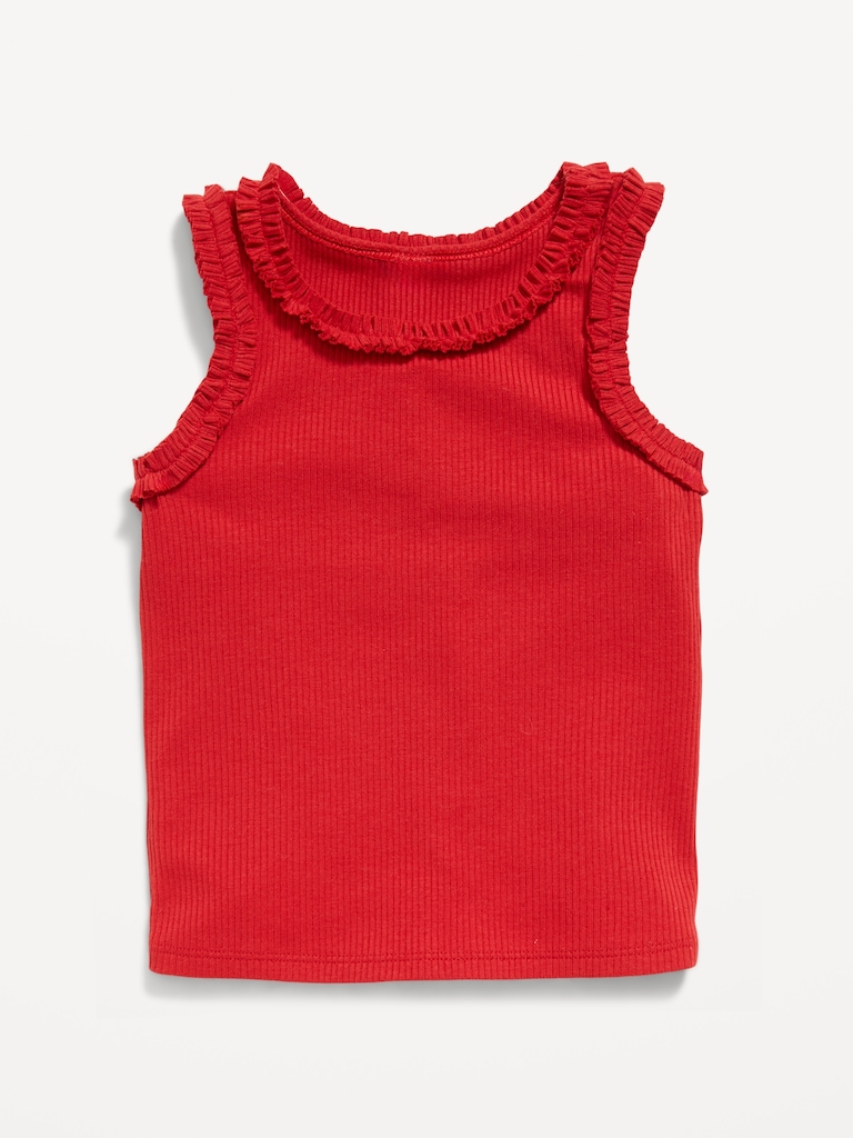 Printed Sleeveless Ruffle-Trim Ribbed Top for Toddler Girls