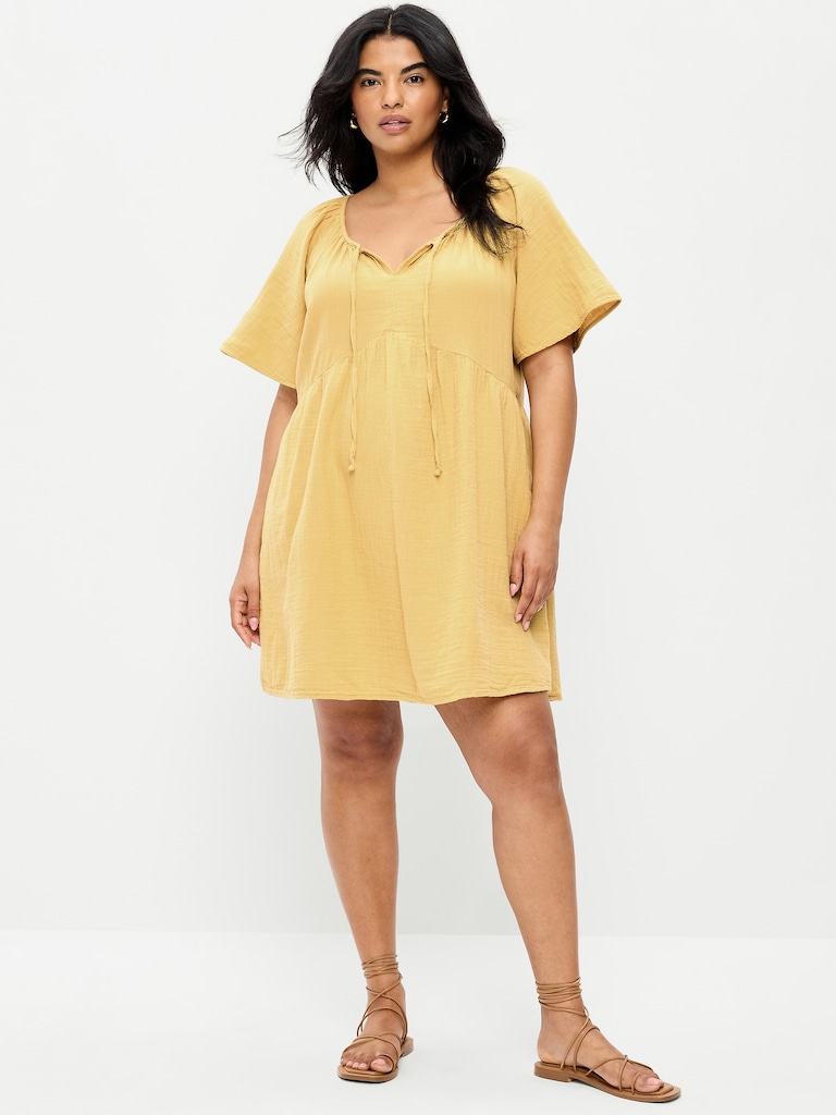 Crinkle Gauze Flutter-Sleeve Mini Swing Dress