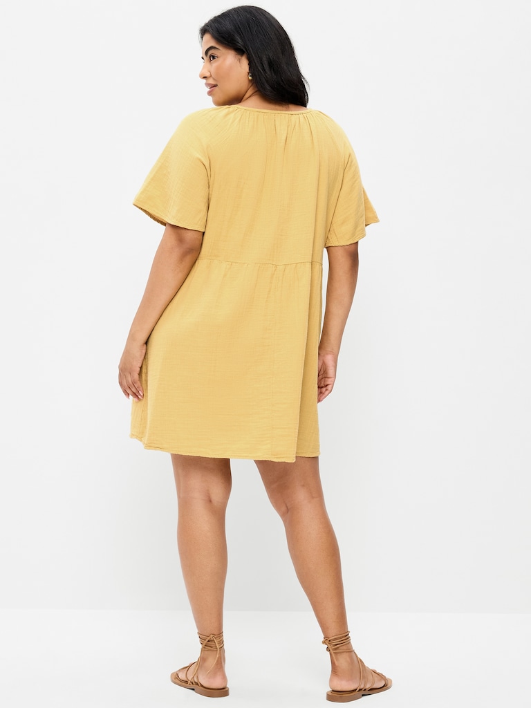 Crinkle Gauze Flutter-Sleeve Mini Swing Dress