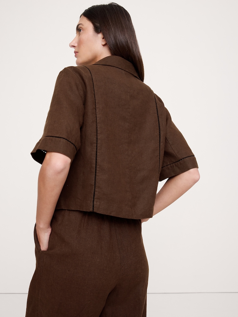 Linen Short-Sleeve Blazer Top