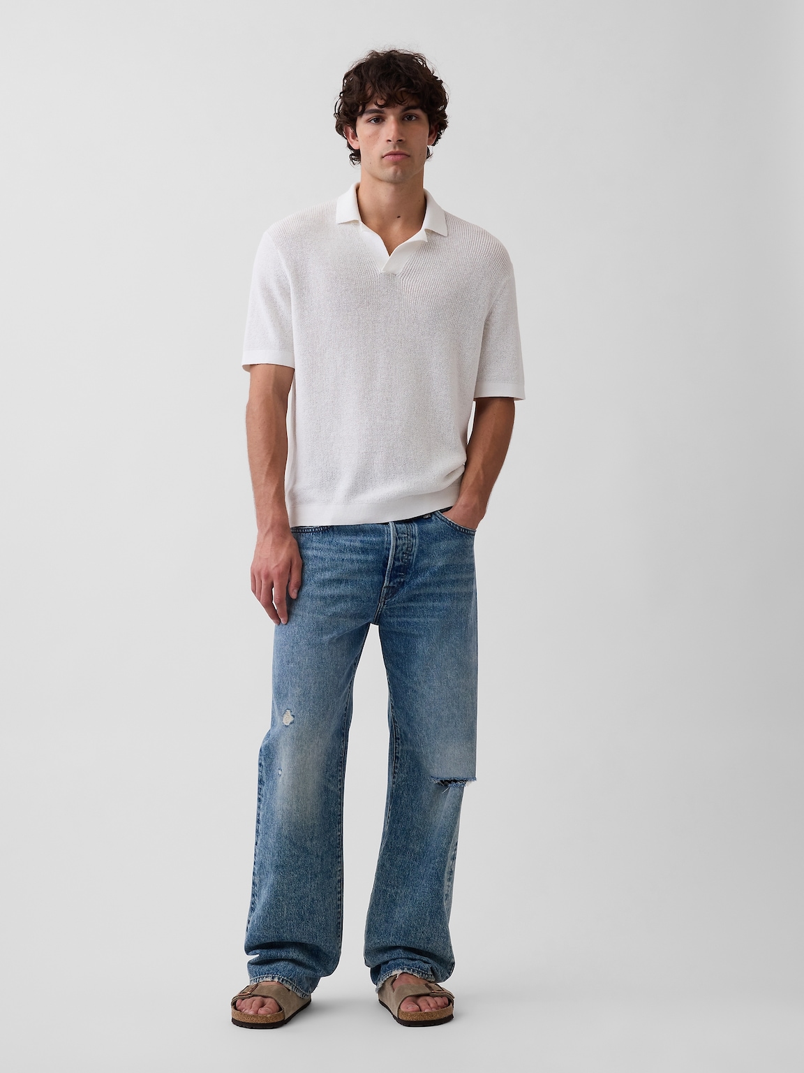 Linen-Blend Camp Polo Sweater Shirt