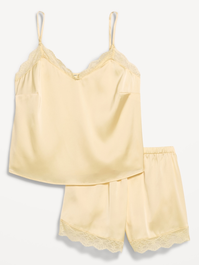 Satin Lace-Trim Pajama Tank and Shorts Set