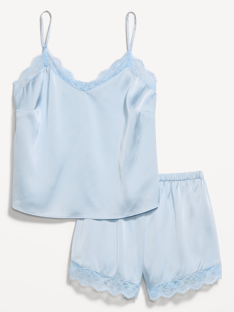 Satin Lace-Trim Pajama Tank and Shorts Set