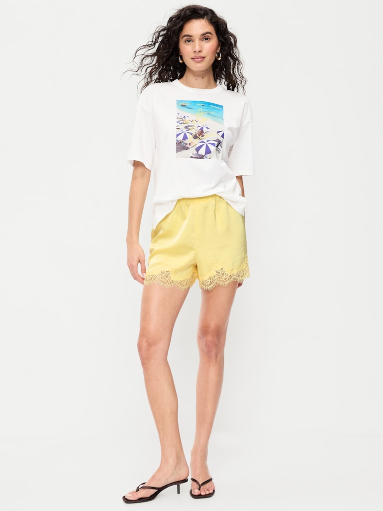 High-Waisted Lace-Trim Satin Shorts