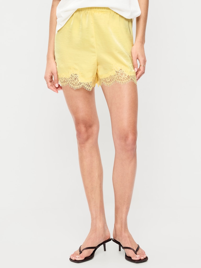 High-Waisted Lace-Trim Satin Shorts