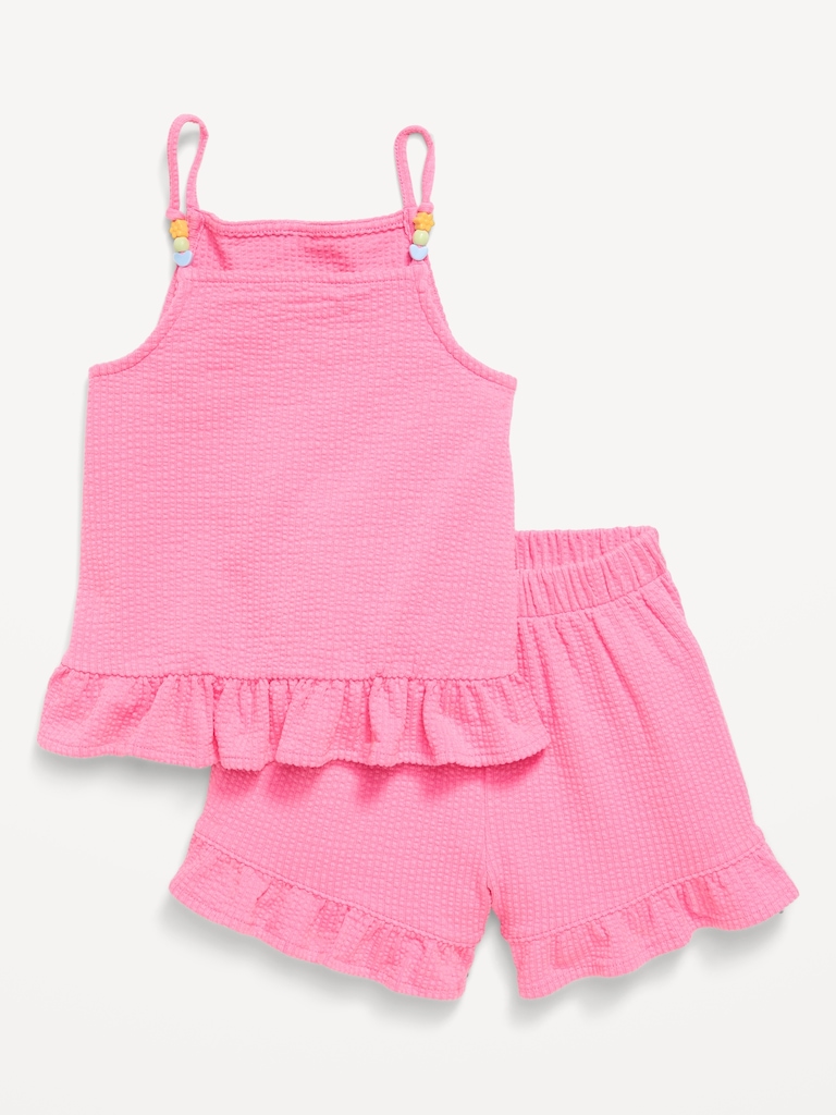 Textured Ruffle-Trim Tank Top and Shorts Set for Toddler Girls