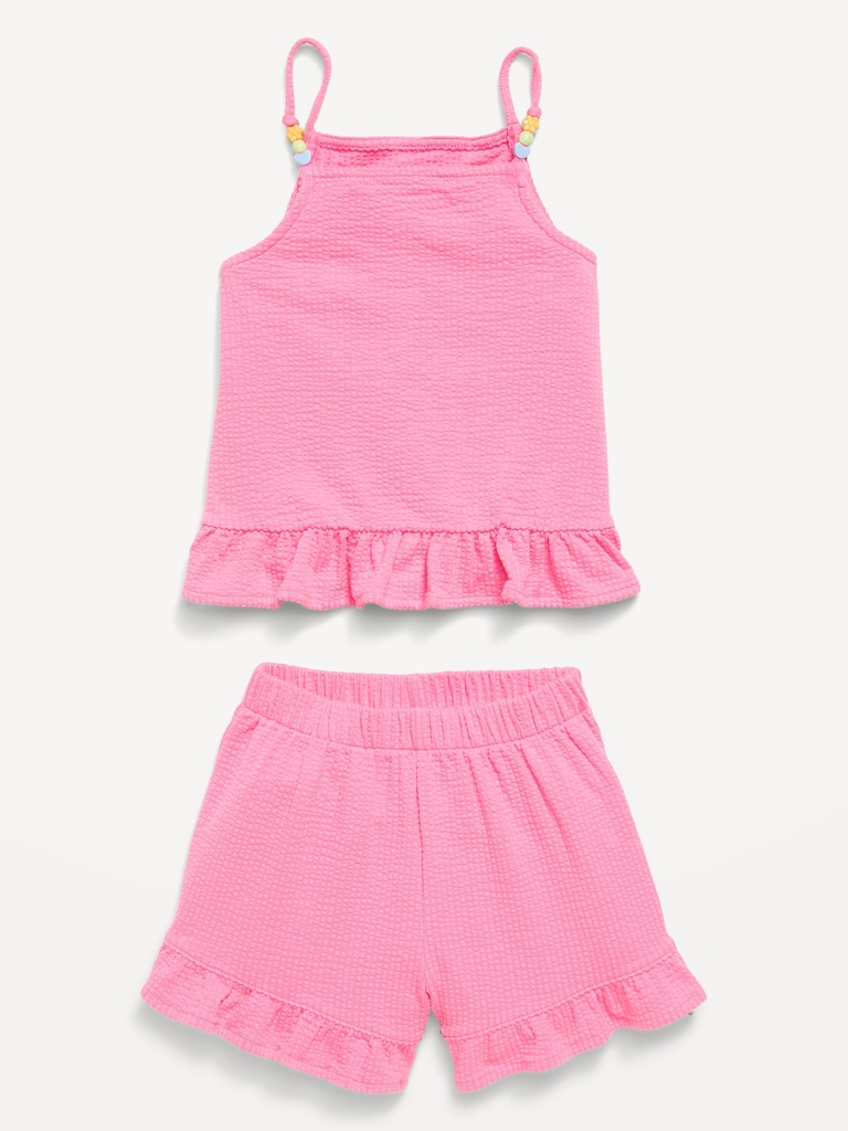 Textured Ruffle-Trim Tank Top and Shorts Set for Toddler Girls