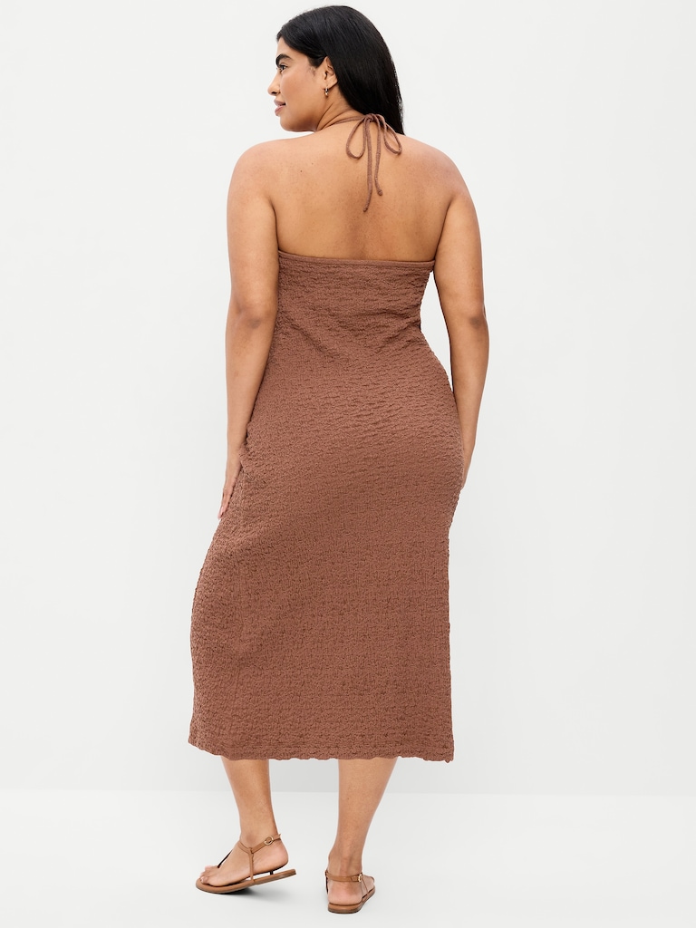 Beaded Halter-Neck Textured Midi Dress