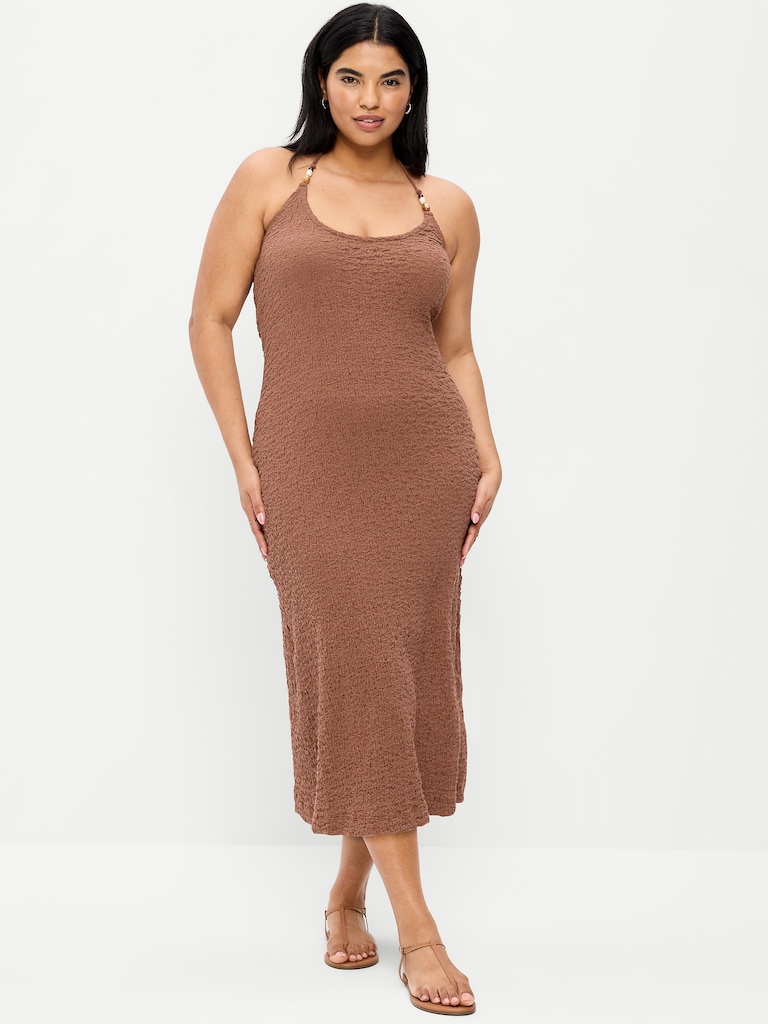 Beaded Halter-Neck Textured Midi Dress