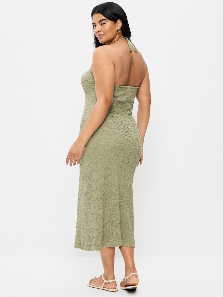 Beaded Halter-Neck Textured Midi Dress