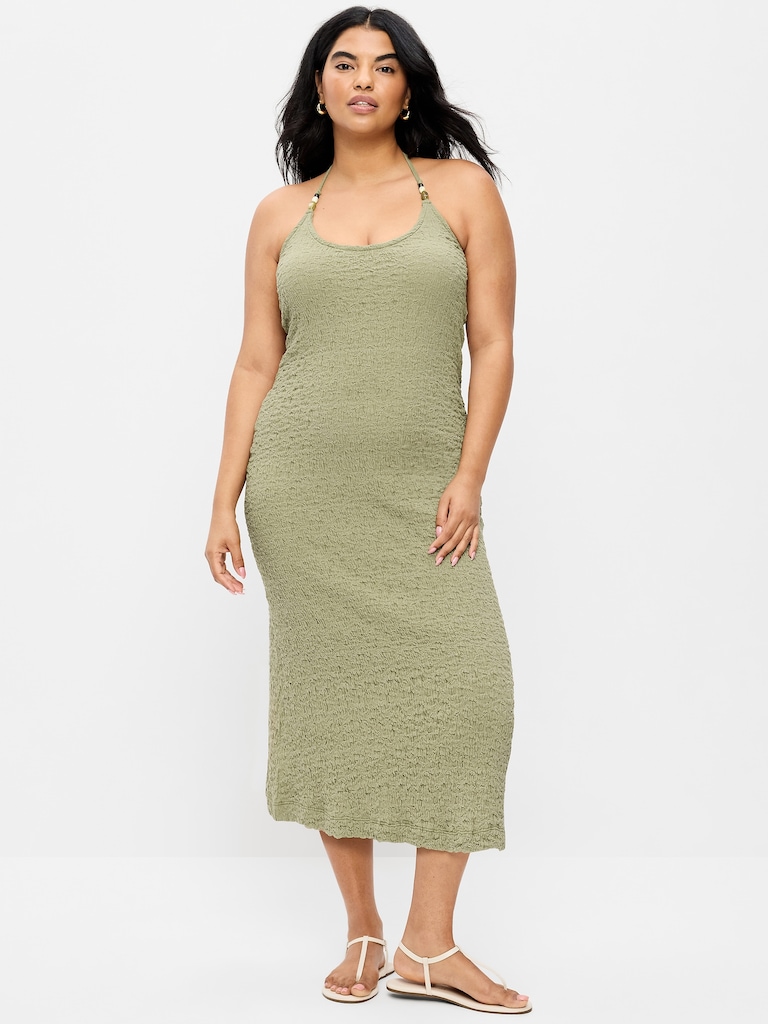 Beaded Halter-Neck Textured Midi Dress