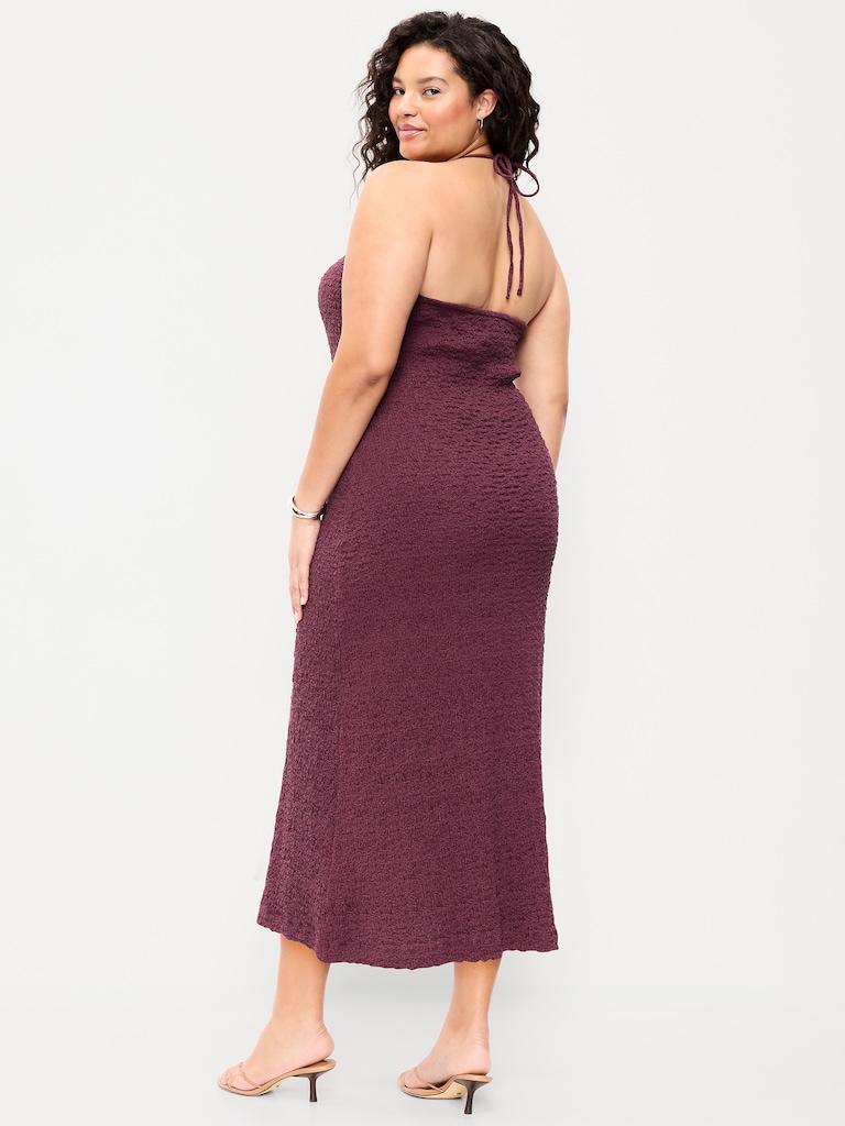 Beaded Halter-Neck Textured Midi Dress