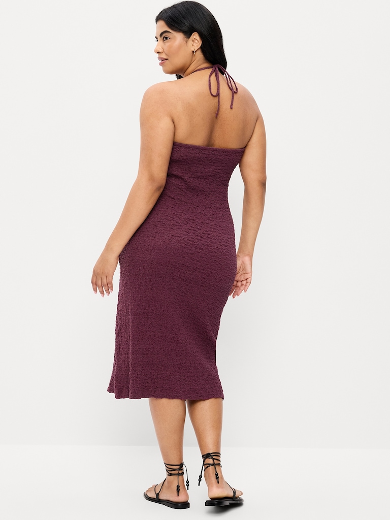 Beaded Halter-Neck Textured Midi Dress
