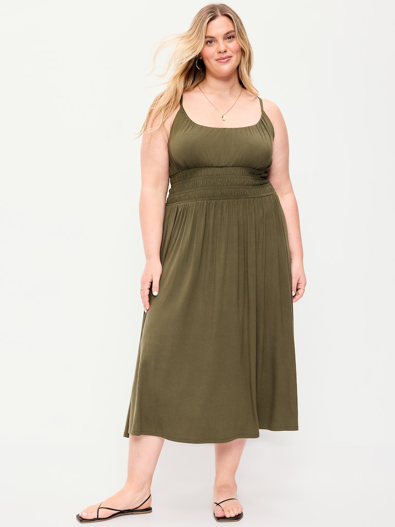 Fit & Flare Jersey Smocked-Waist Midi Dress