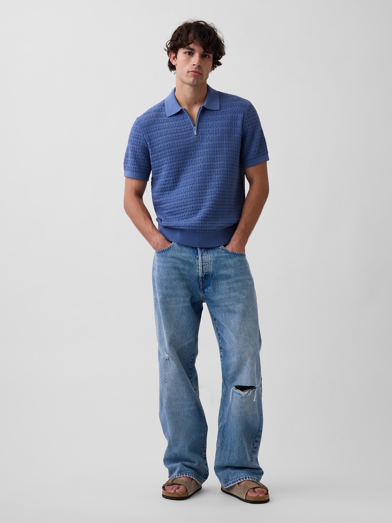 Textured Zip Polo Sweater Shirt