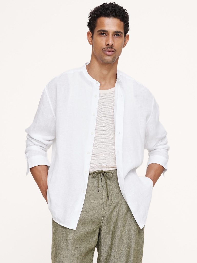 Relaxed-Fit Linen Banded-Collar Shirt