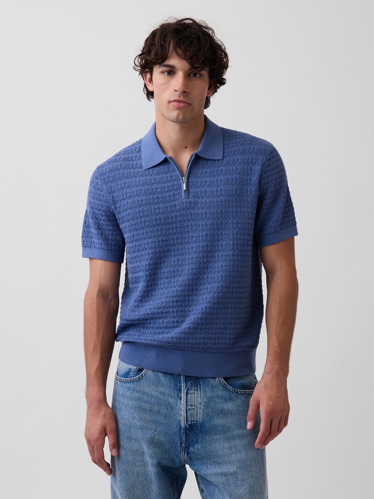 Textured Zip Polo Sweater Shirt
