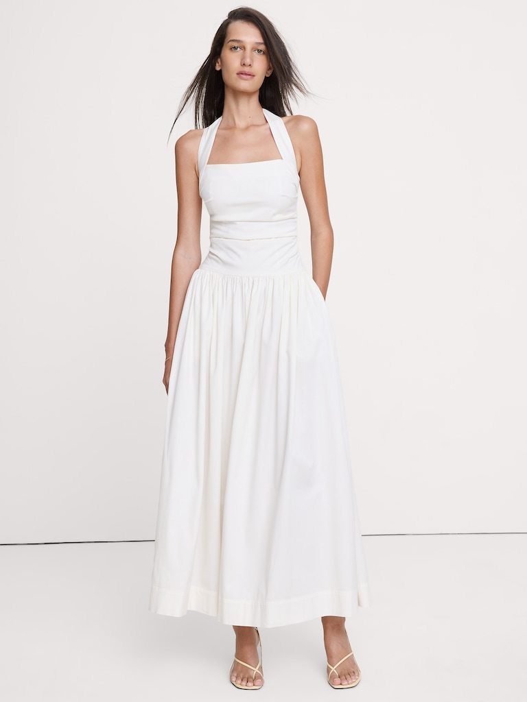 Stretch-Cotton Halter Maxi Dress