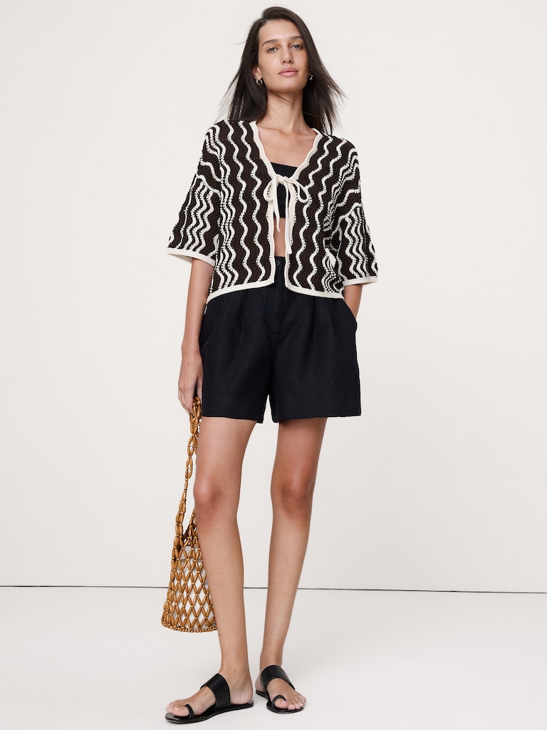 Cotton Scallop Stripe Tie-Front Cardigan